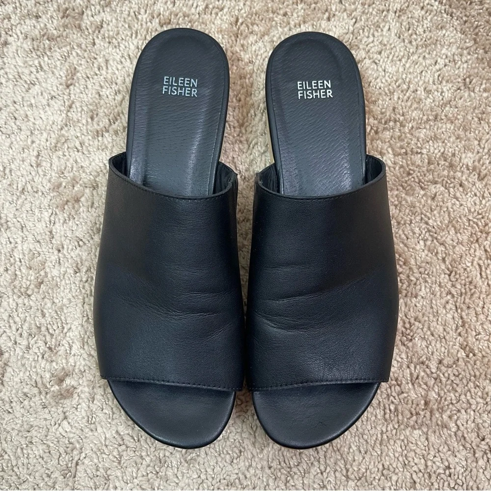 Eileen Fisher Size 11 Novel Black Leather Platform Wooden Clog Slide Sandals - Picture 3 of 16